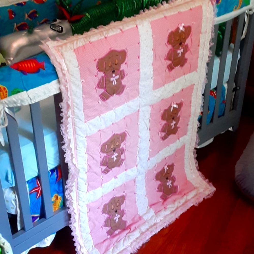Vintage Teddy bear baby blanket with pink ruffles!